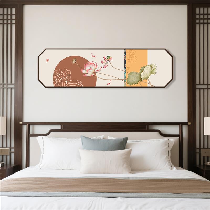 新中式挂画卧室床头装饰画横幅客厅挂画中国风荷花禅意茶室长壁画
