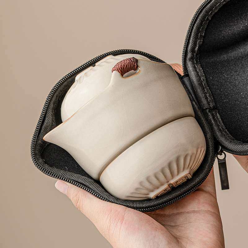 米黄汝窑旅行茶具套装便携式户外露营陶瓷快客杯一壶二杯单人