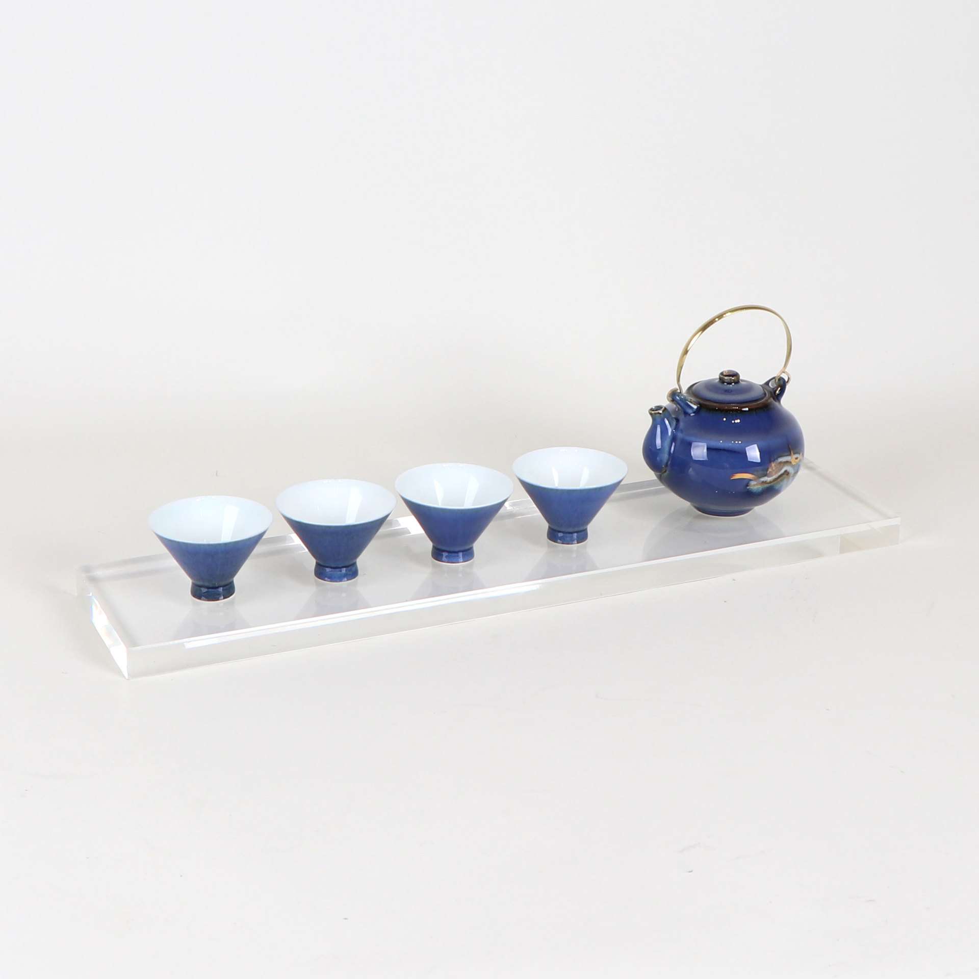 新中式禅意陶瓷蓝色提梁壶茶具套装摆件茶室售楼处展厅大堂装饰品