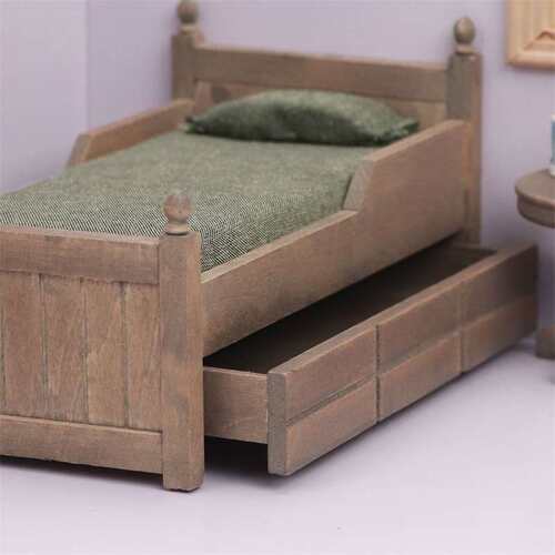 1：12迷你娃娃屋家具配件DOLLHOUSE摆件OB11可用床仿旧色带抽屉床