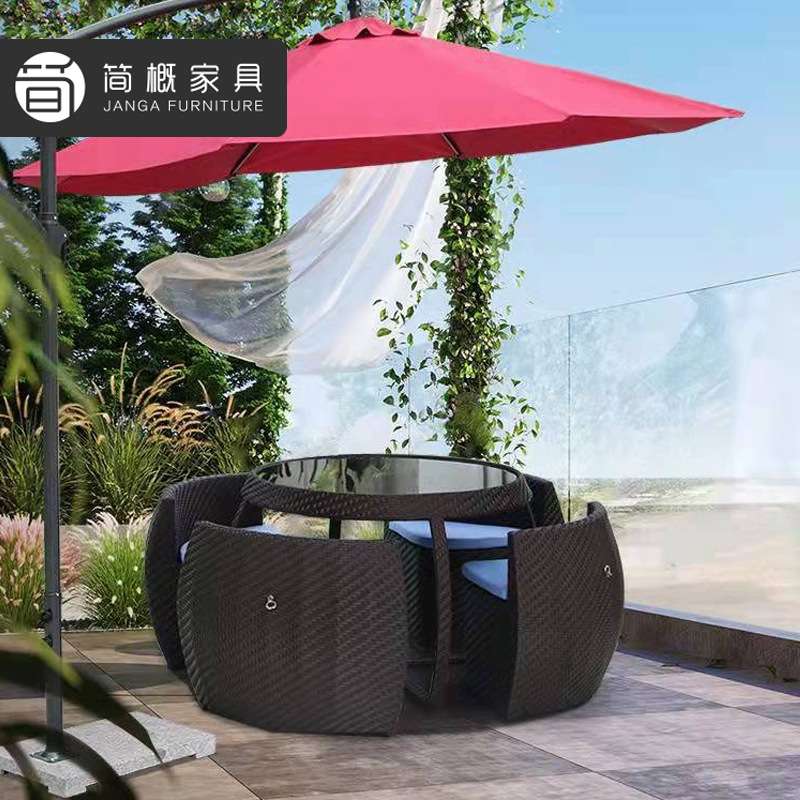户外别墅庭院藤编桌椅休闲花园露台桌椅可收纳露天酒店民宿带伞椅