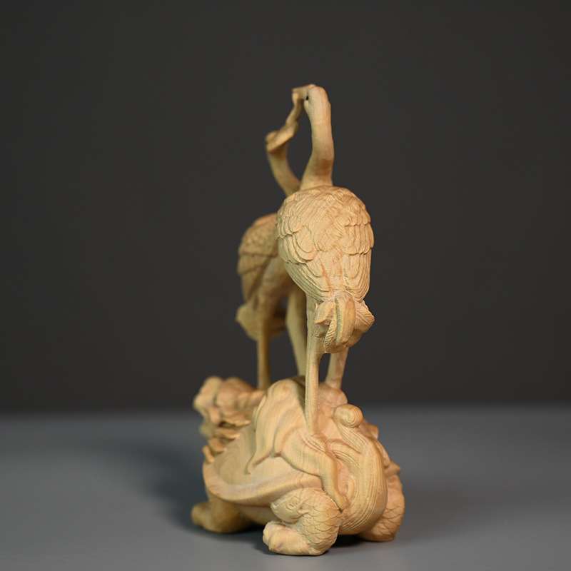 小叶黄杨木雕刻龟鹤遐?摆件家居玄关摆件办公桌面摆件木质工艺品