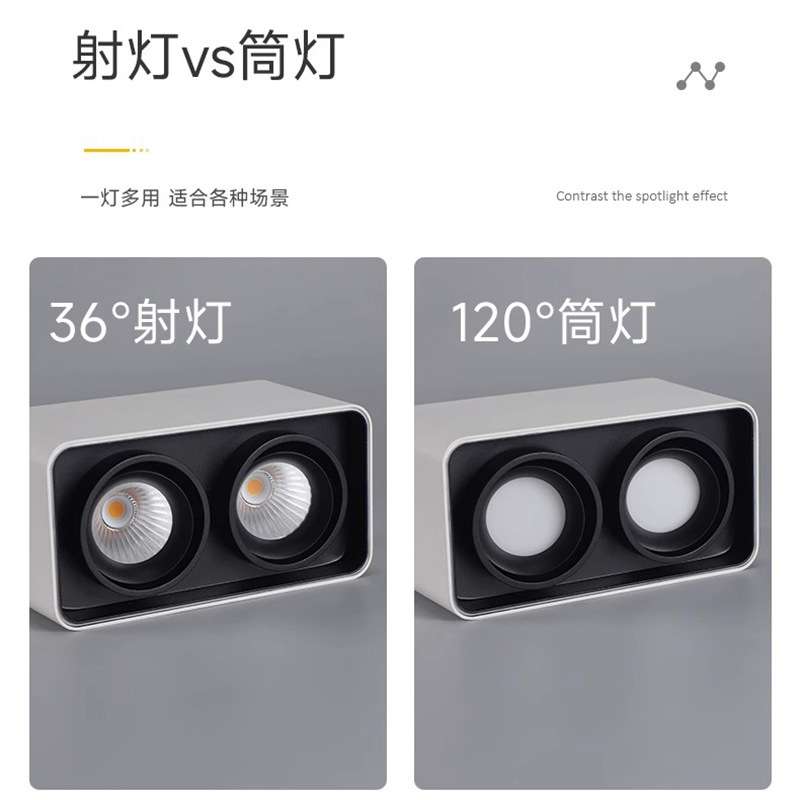 LED方形明装深杯防眩客厅无主灯免开孔双头斗胆灯过道门厅
