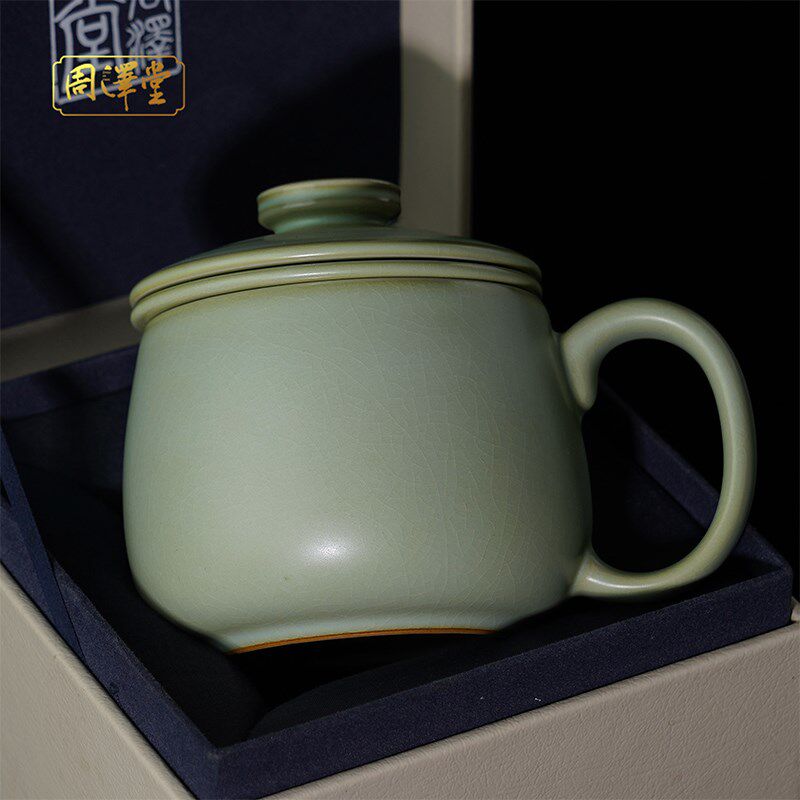 汝窑办公杯带盖茶杯复古景德镇陶瓷品茗主人杯开片可养青瓷礼盒装