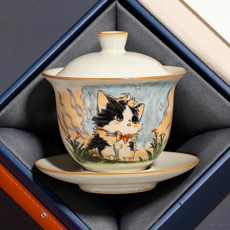 汝窑可爱猫三才盖碗家用功夫茶具泡茶器单个定制大号带盖茶碗茶杯