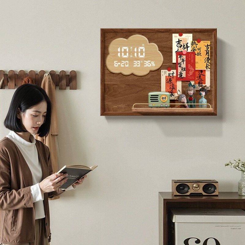 电子时钟电表箱装饰画diy可置物配电箱遮挡挂画原木风液压上翻画