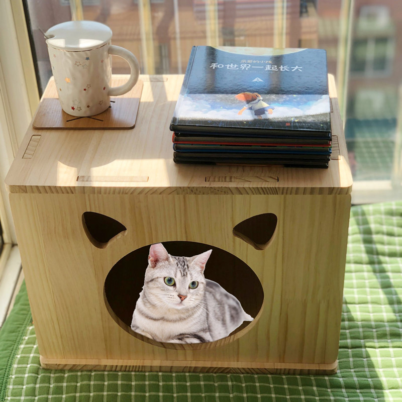实木猫窝卡通猫屋换鞋凳四季通用猫咪笼创意小型犬木质床边床头柜