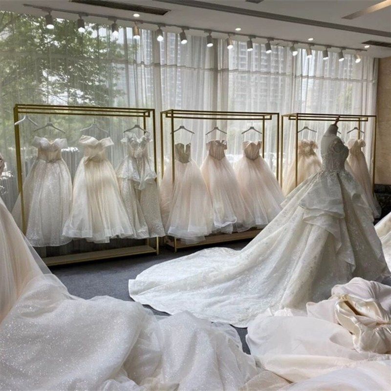 婚纱架子照相馆高档展示架男装专用货架双层西装挂衣架金色置物架