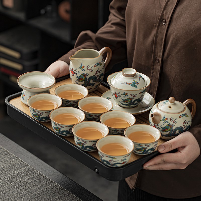 米黄汝窑双龙戏珠功夫茶具套装家用陶瓷带盖碗茶杯茶盘喝茶新中式