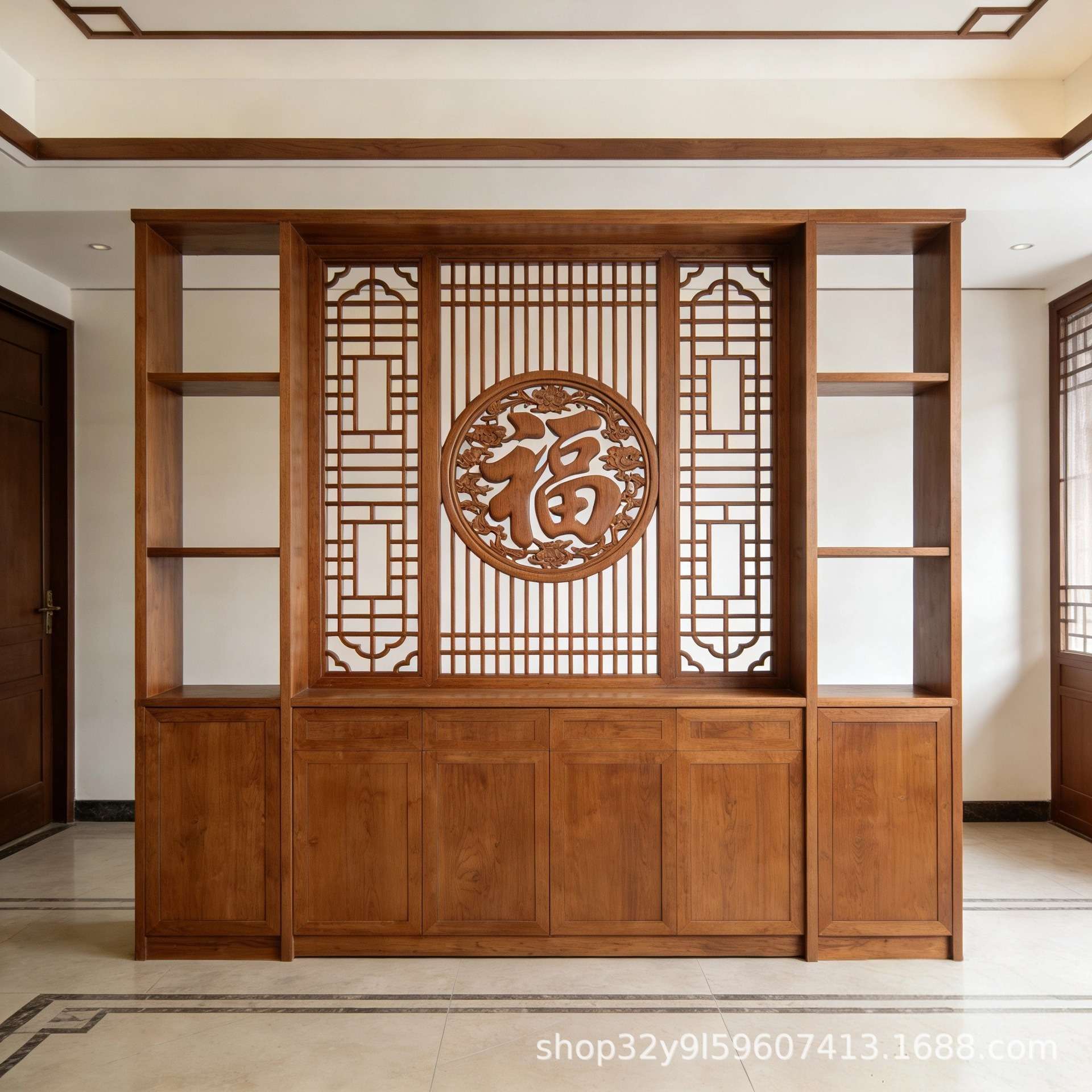 中式镂空酒店茶楼装修实木松木仿古新中式花格隔断屏风玄关组合柜