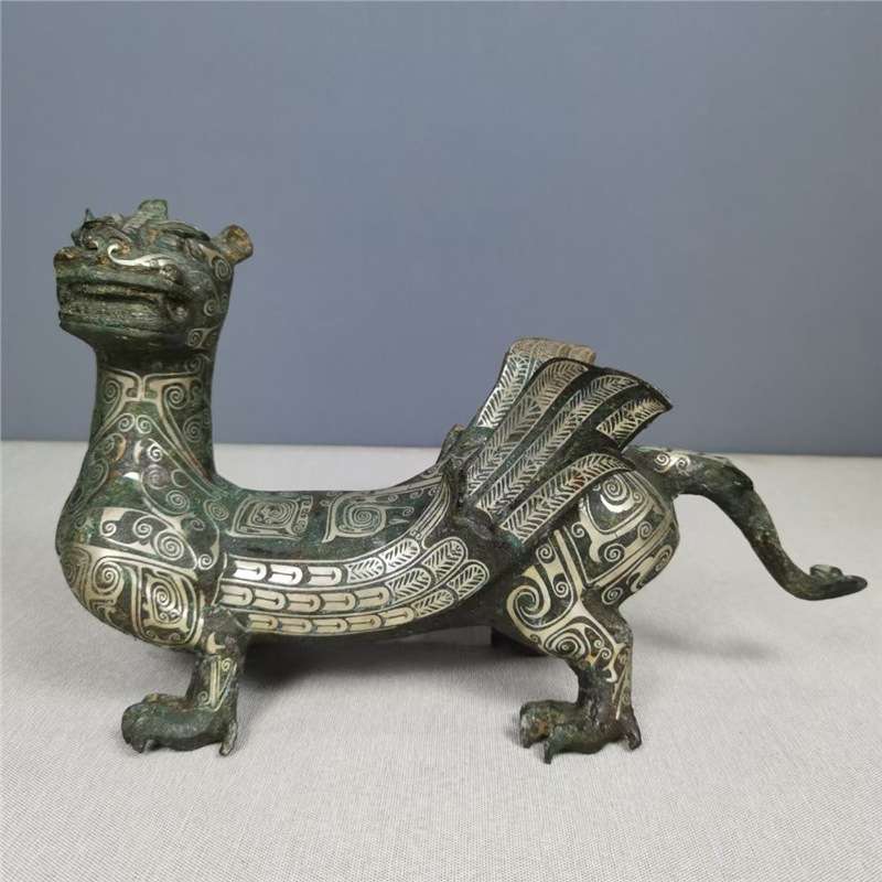 古青铜器双羽神兽错银工艺品家居摆件博古架收藏品