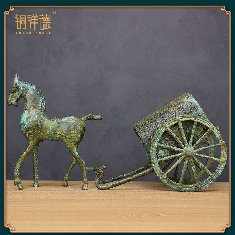东周马拉车青铜器纯铜青铜单马车古工艺品摆件家居装饰品博古架