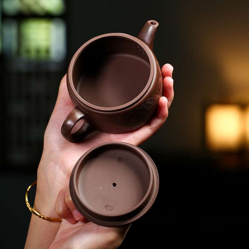 全手工刻绘山水汉瓦壶原矿紫泥紫沙壶家用紫砂茶壶茶具厂家