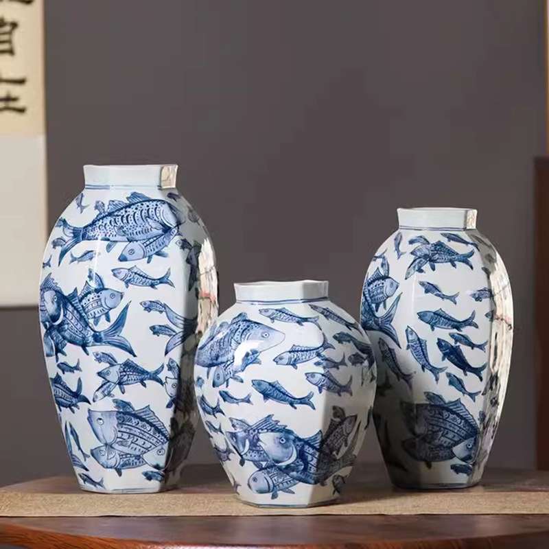 新中式青花瓷大肚陶瓷花瓶客厅茶几水养鲜花送礼“年年有鱼”