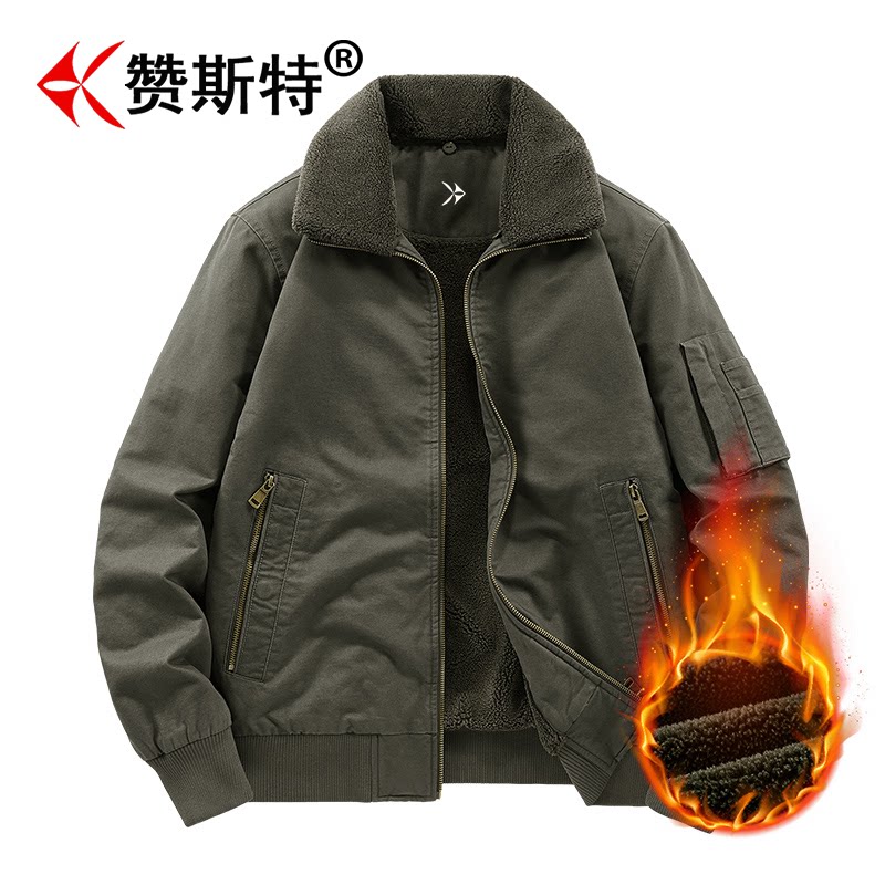 赞斯特品牌休闲夹克男士2026秋冬新款可拆毛领加绒加厚羊羔绒外套