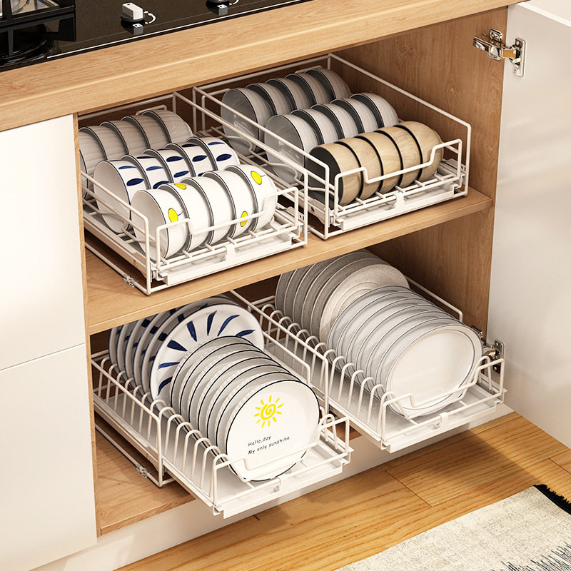 抽拉式柜内放碗碟橱柜碗架盘子碗盘厨房收纳拉篮抽屉沥水置物架子