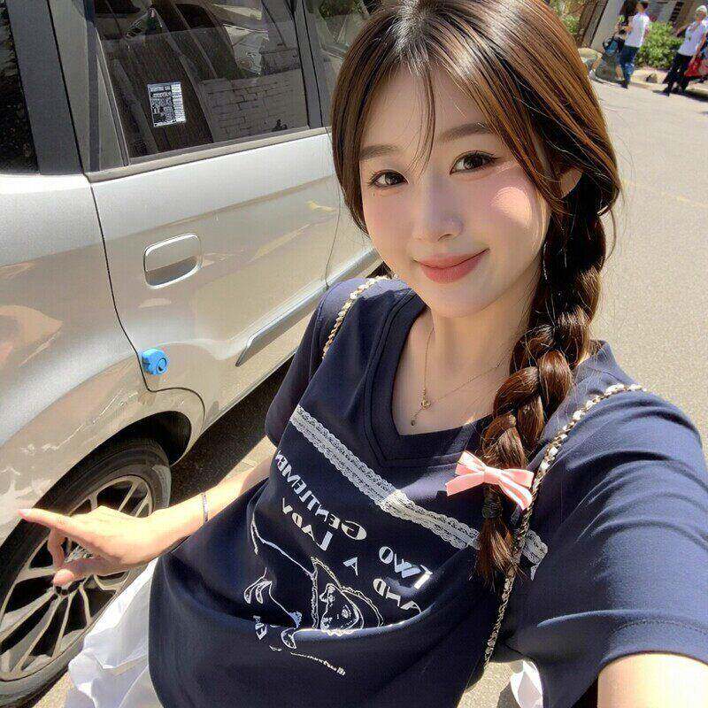 藏青色V领正肩宽松短袖t恤女夏季卡通小狗字母印花超好看半袖上衣