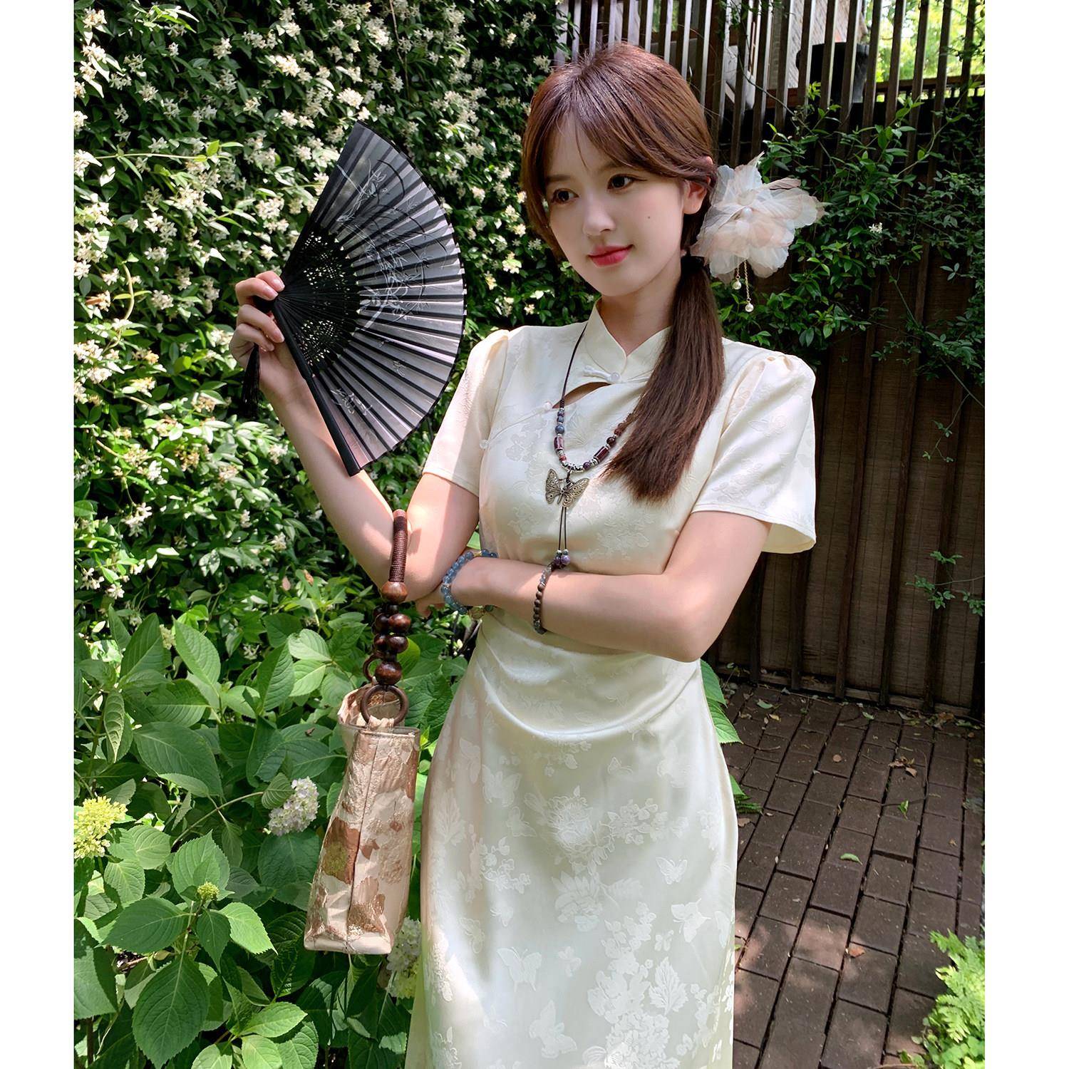 新中式洋装女夏2024白色短袖长版裙子国风收腰鱼尾日常可穿旗袍