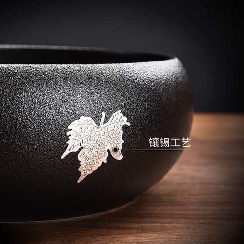 黑陶镶锡茶洗现代家用陶瓷茶杯笔洗水盂大号建水茶渣桶茶具零配件