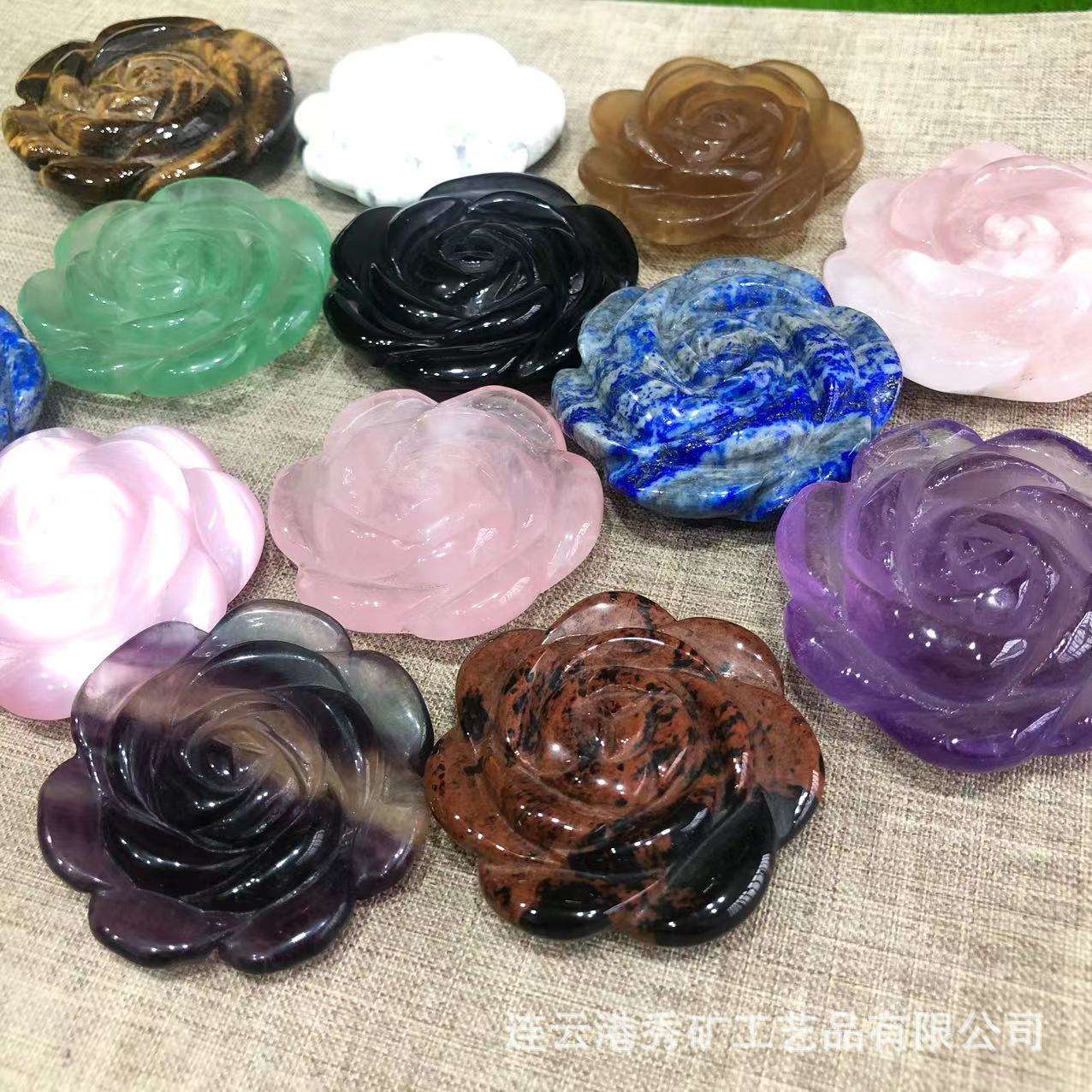 厂家 天然紫水晶玫瑰花雕刻件水晶雕刻月季玫瑰花把玩饰品配饰
