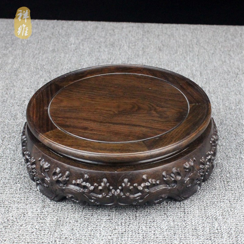 黑檀木圆形花盆花瓶鱼缸工艺品摆件实木底座奇石头可旋转木座底托