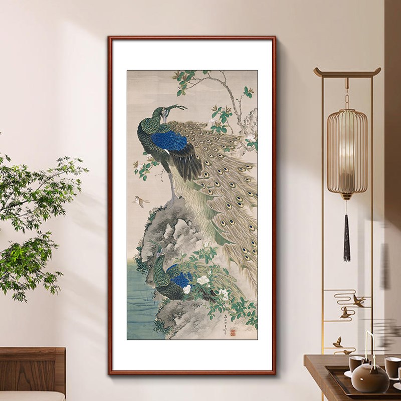 新中式孔雀图入户玄关装饰画客厅餐厅书房茶室挂画走廊过道壁画