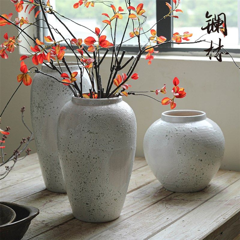 镧林粗陶白色复古花瓶客厅插干花瓷瓶中式侘寂风花器禅意陶瓷摆件