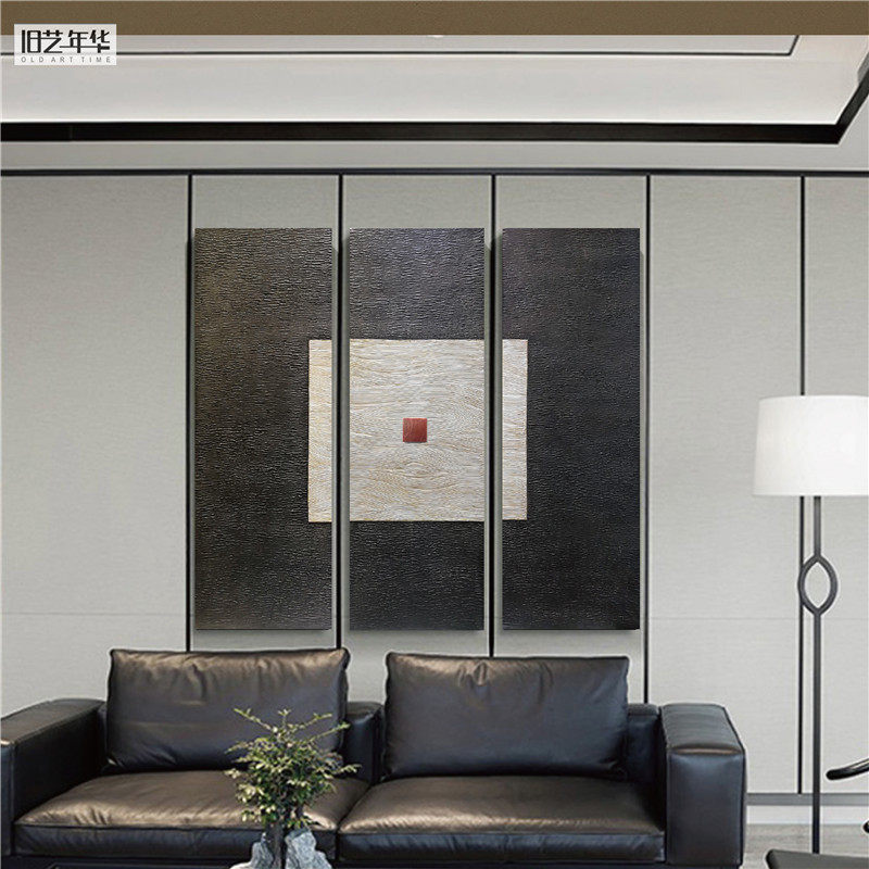 装饰画抽象 创意个性手绘几何厚肌理油画 立体实物画客厅三联竖版
