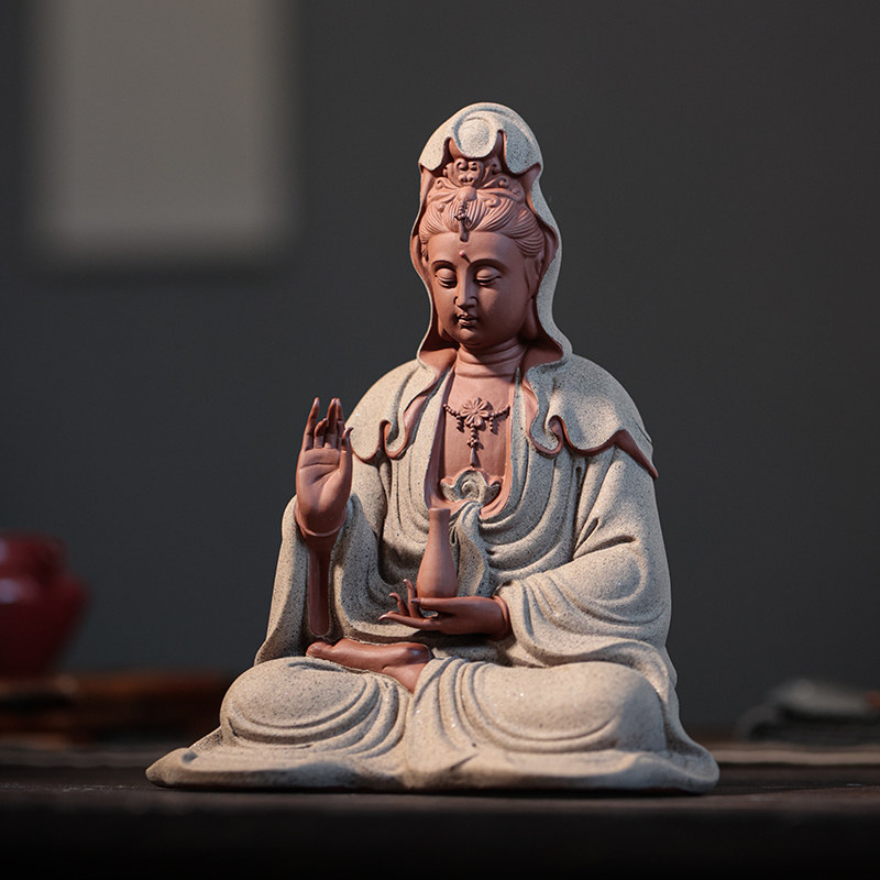新中式禅意观世音菩萨佛像摆件家居装饰工艺品紫砂玉净瓶观音摆设