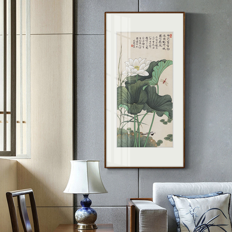 【十年老店】于非闇荷花玄关装饰画新中式走廊挂画荷塘蜻蜓翠鸟图