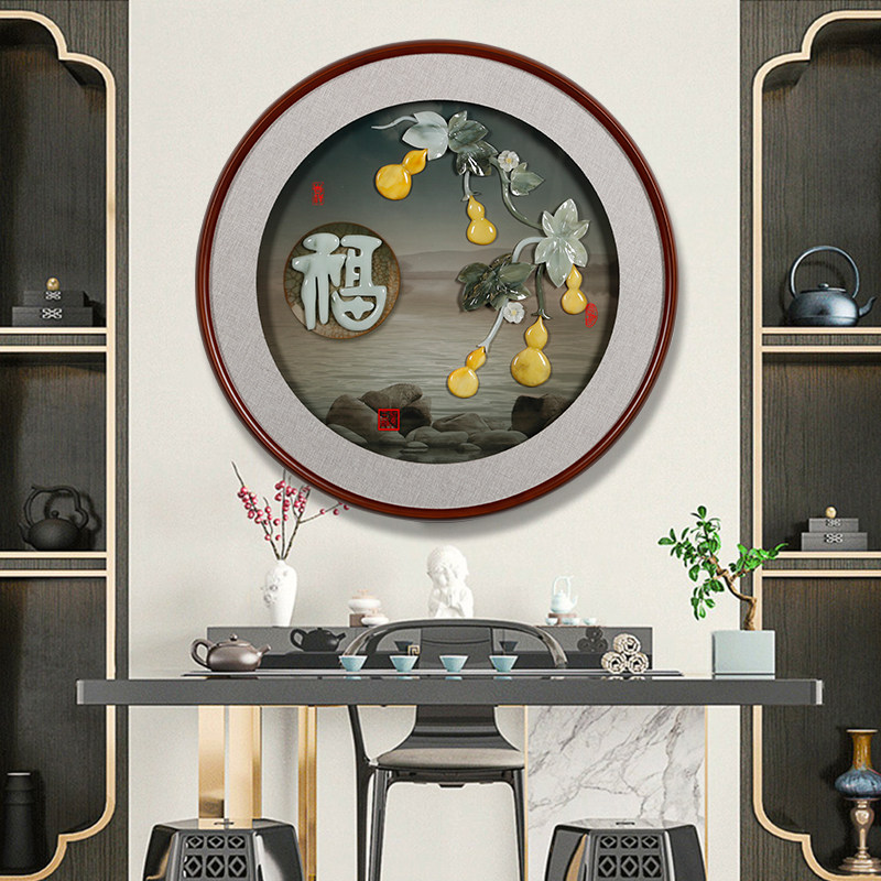 新中式入户玄关走廊过道圆形灯光画装饰挂画餐厅3d玉雕山水壁画