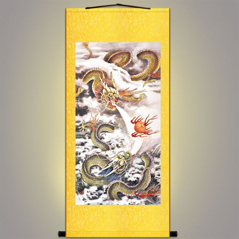 双龙戏珠图 黄龙青龙 复古玄关客厅装饰画 丝绸画挂画 卷轴画包邮