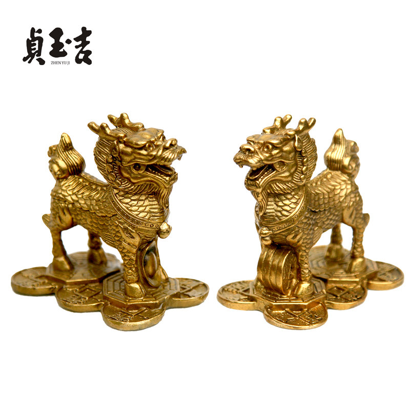 贞玉吉麒麟摆件一对纯铜踩铜钱八卦小号家居摆件