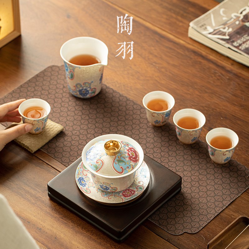 手工掐丝银陶瓷三才盖碗泡茶碗公道杯品茗杯家用功夫茶具礼盒装