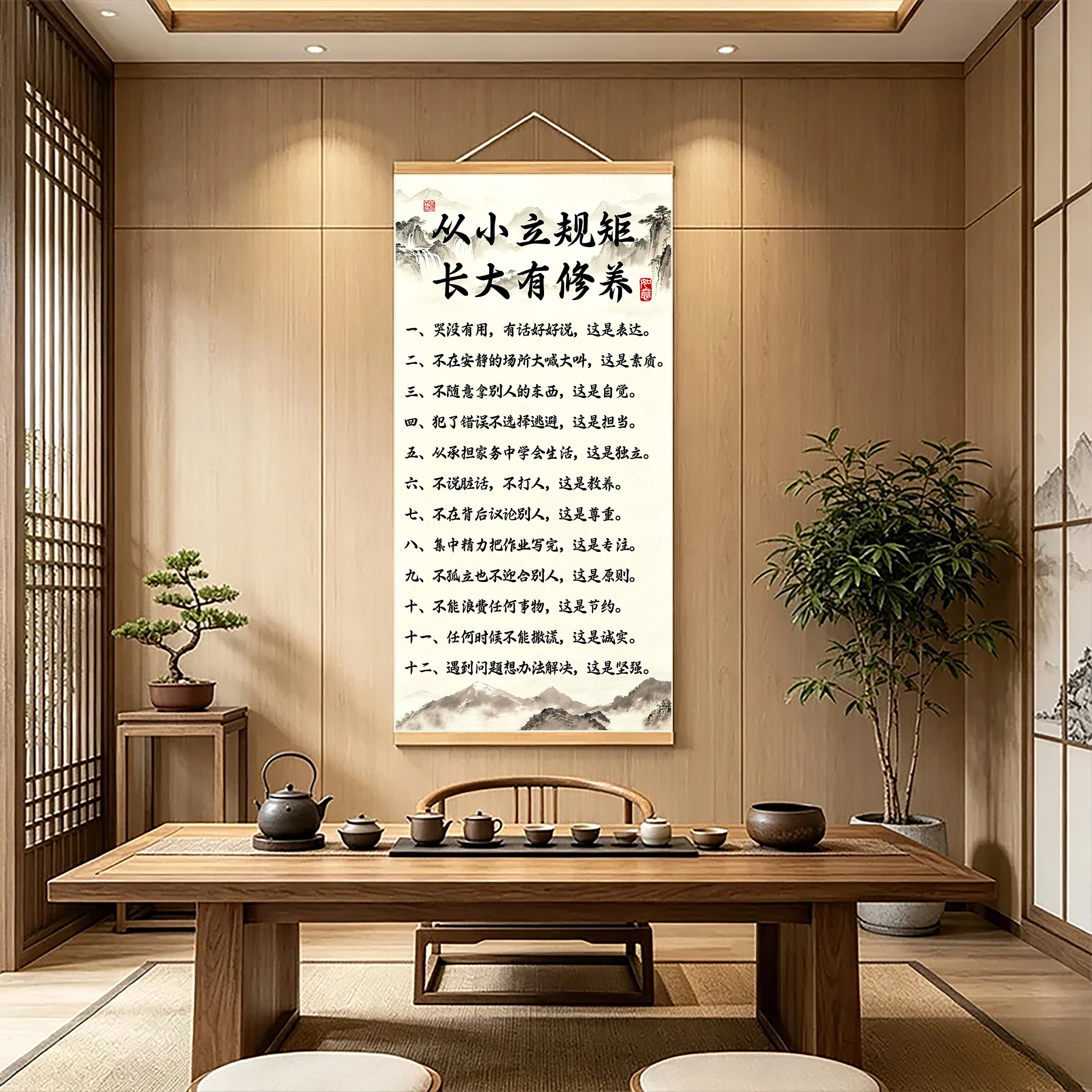 加大《规矩》挂画新中式育儿卷轴字画玄关客厅书房儿童房装饰画w