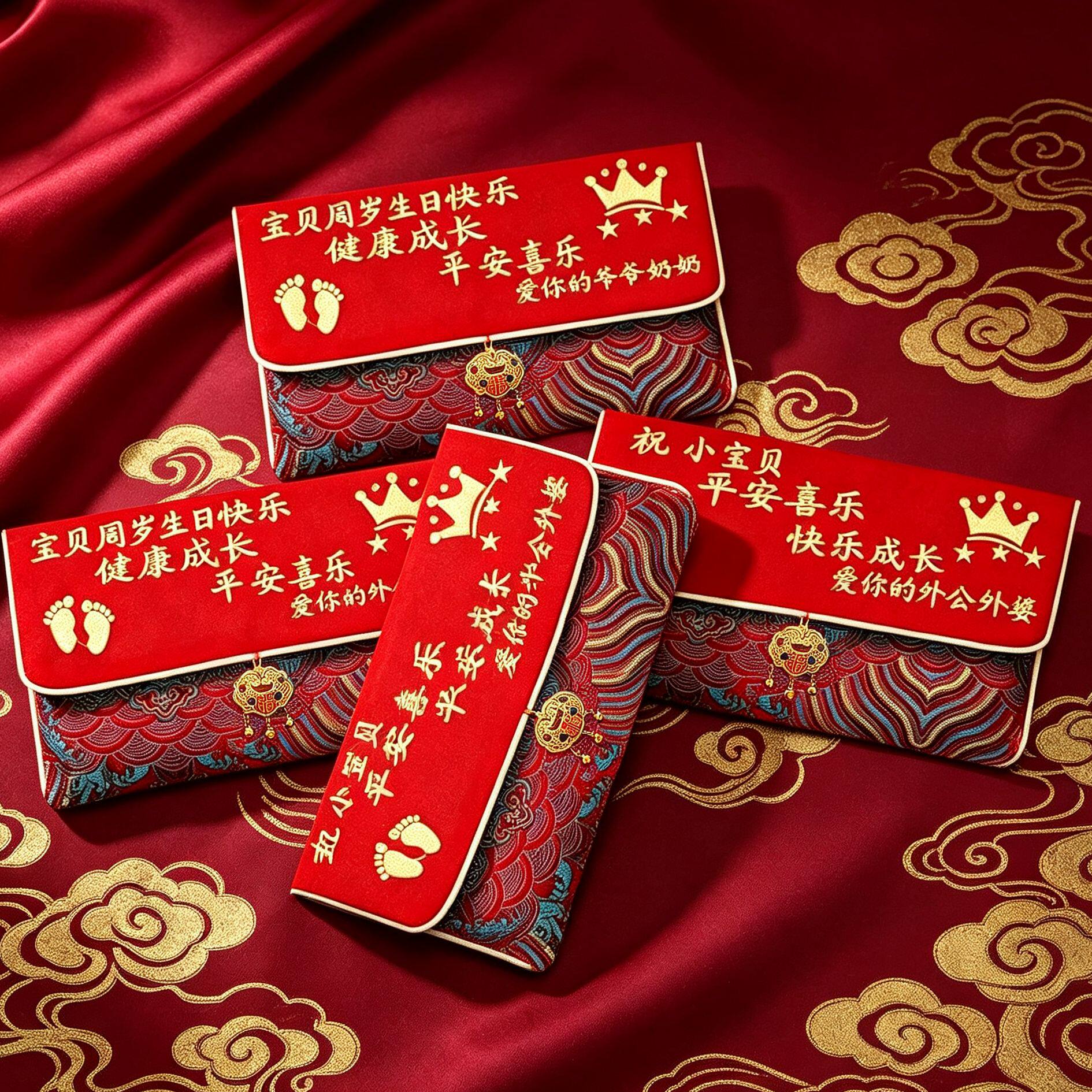 【升级款】宝宝满月周岁生日仪式感利是封长辈刺绣布红包袋w