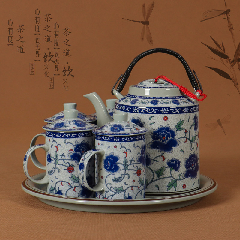 虎匠景德镇陶瓷大茶壶茶杯套装家用客厅中国风复古青花瓷整套茶具