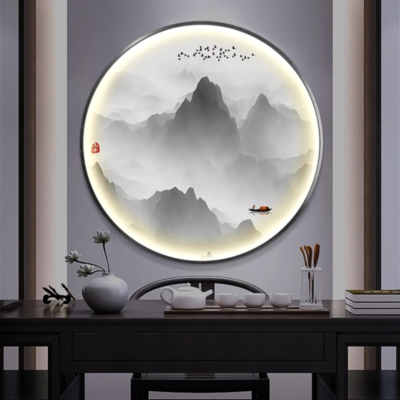 新中式圆形禅意山水装饰画入户玄关走道壁画客厅茶室发光led灯画图片