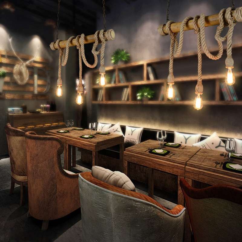 跨境麻绳竹竿创意个性吊灯麻绳吊灯三头六头餐厅店铺灯具复古吊灯