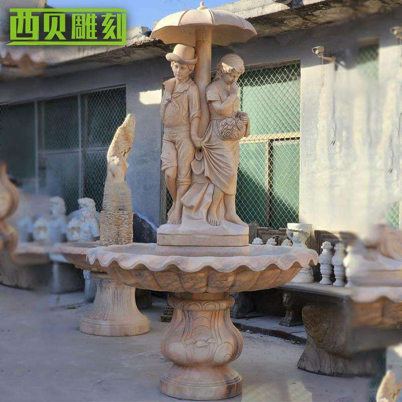 石雕欧式人物喷泉单层大理石喷泉小型别墅流水景观装饰石雕喷泉