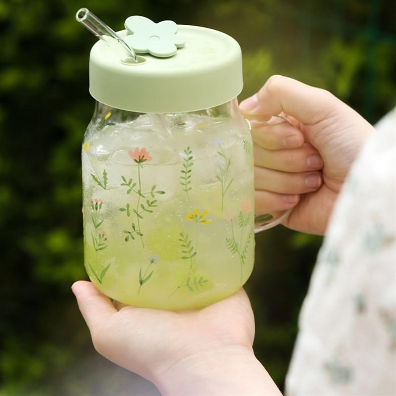 蓝莲花玻璃吸管杯成人玻璃杯大人女生高硼硅水杯耐高温杯子带把手
