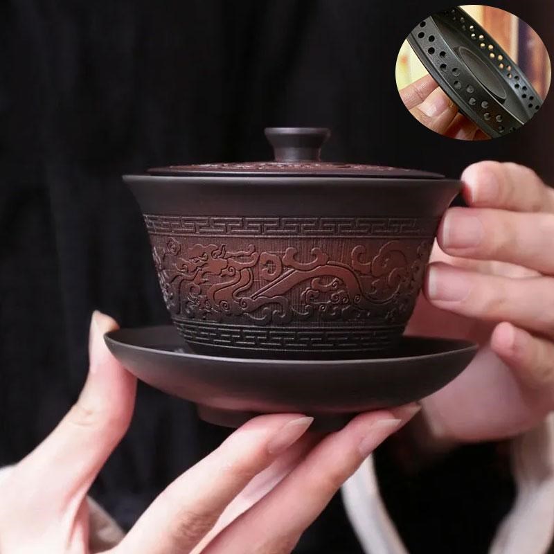 紫陶可悬停全孔免过滤复古满雕龙纹盖碗高档泡茶碗家用功夫茶具