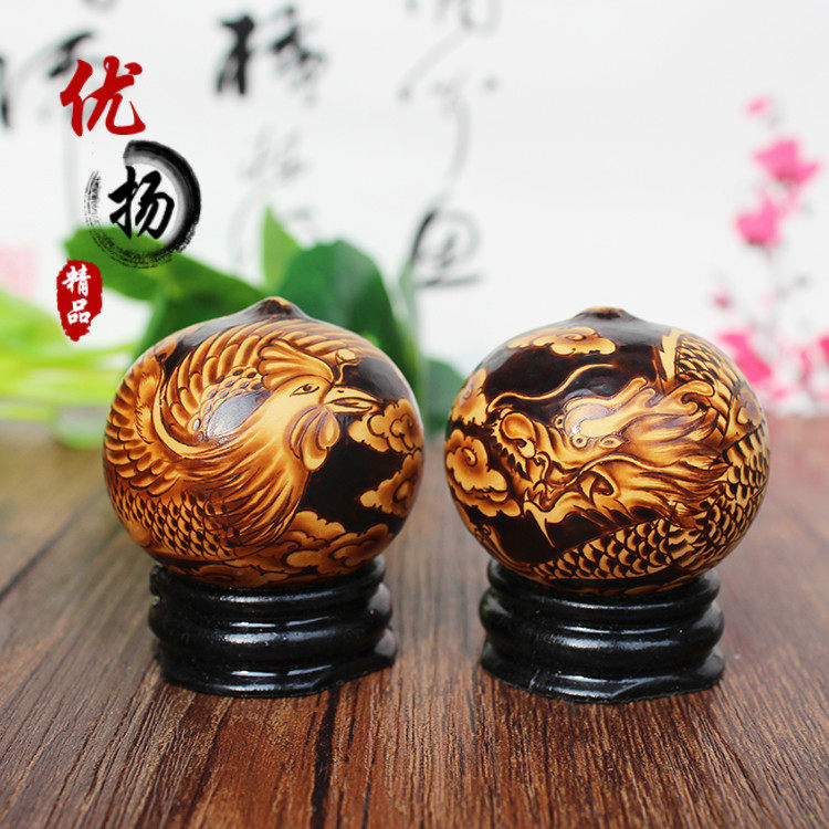 天然鸡蛋葫芦精品手工烙烫画龙凤呈祥 文玩手捻葫芦把件礼品包邮