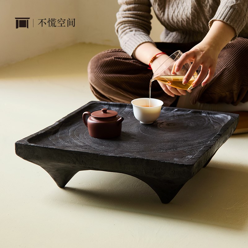 不慌/碳化木实木侘寂风方形小茶几黑色榻榻米矮几飘窗茶台桌做旧