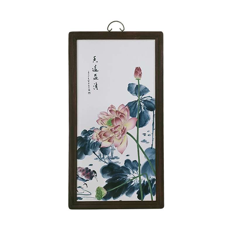 高端瓷板画景德镇山水花鸟牡丹荷花实木框客厅装饰新中式仿古壁画