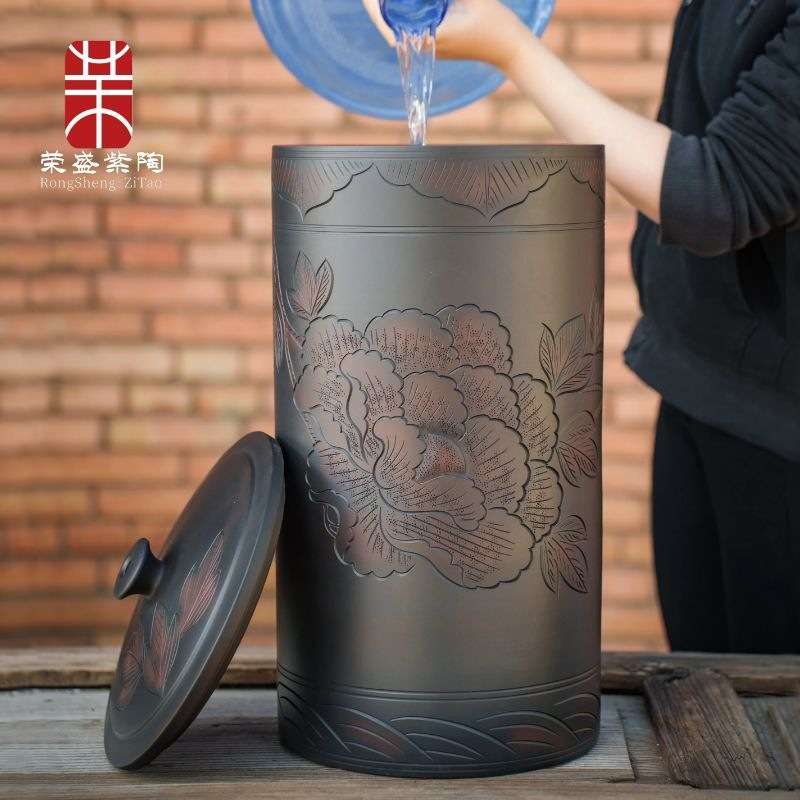 水缸陶瓷水桶纯净水桶家用大号储水用带盖老式茶道茶台抽水款18升
