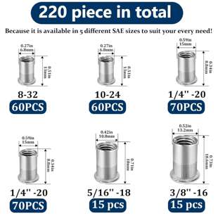跨境 220PCS 盒装 6.8-13.2mm 304不锈钢平头铆钉螺母组合套件