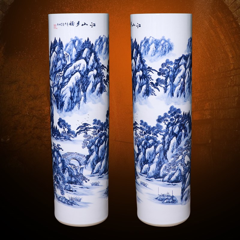 景德镇陶瓷器大花瓶手绘青花瓷落地大直筒客厅新房装饰品公司摆件