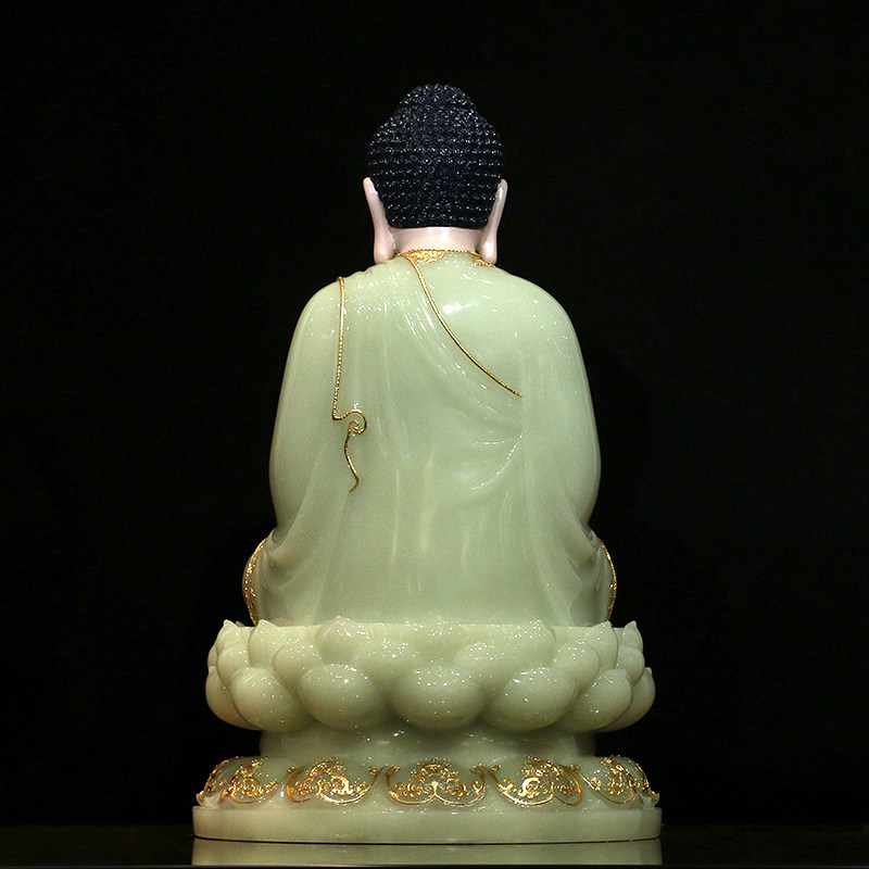 娑婆三圣坐像 汉白玉佛像 翠玉镶金观音菩萨地藏王释迦牟尼佛摆件