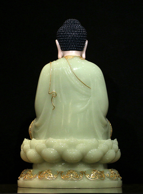 娑婆三圣坐像 汉白玉佛像 翠玉镶金观音菩萨地藏王释迦牟尼佛摆件